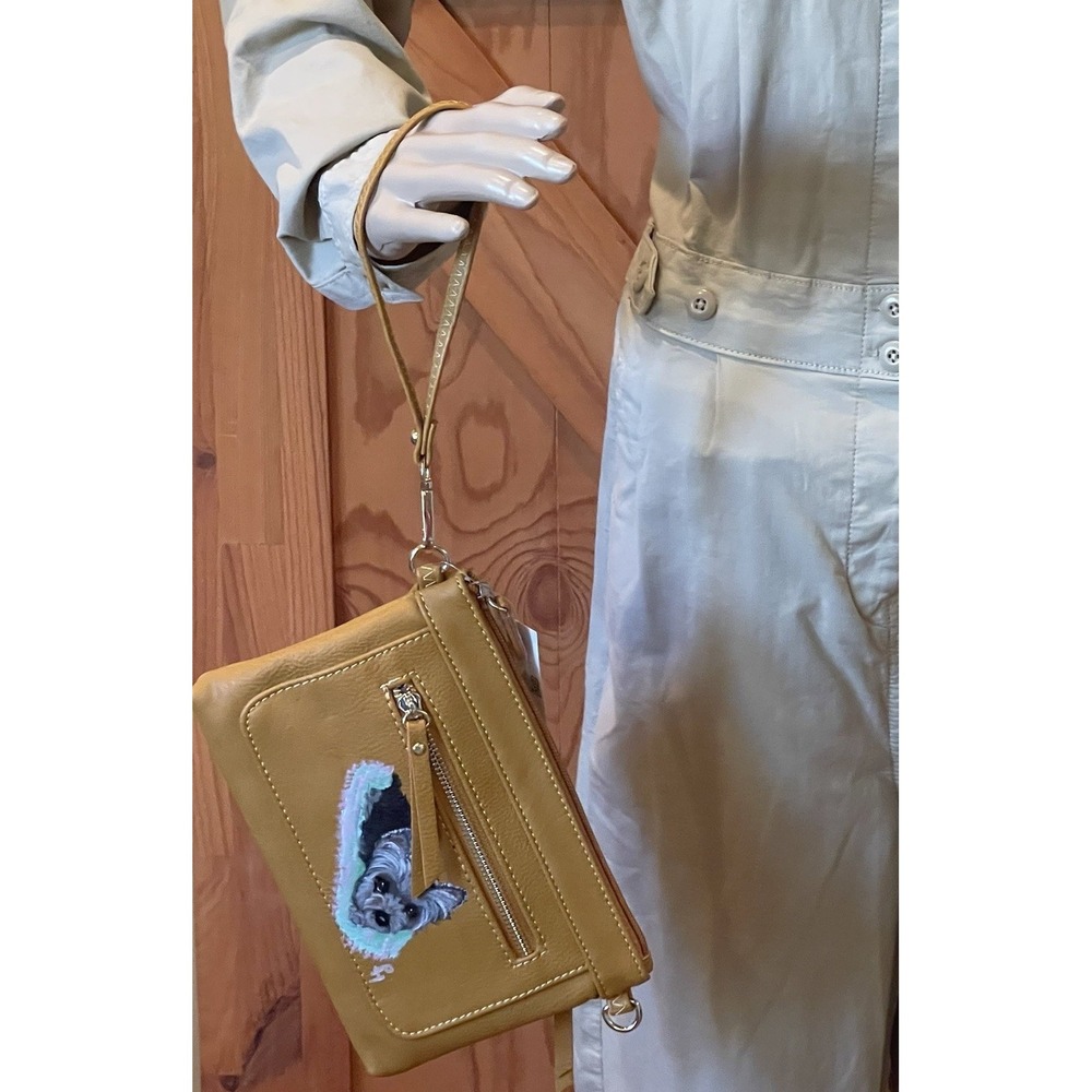 Mustard Yellow Wristlet Crossbody‎ Hand Painted Yorkie Dog 3 Zip NWT